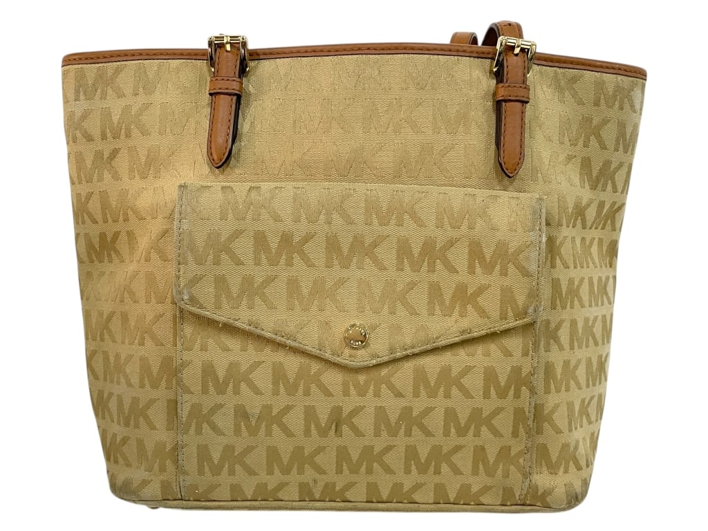 MICHAEL KORS TAN MK LOGO CANVAS TOTE (1 of 10)