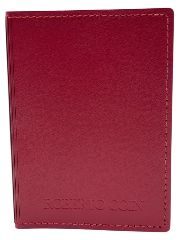 ROBERTO COIN LEATHER PASSPORT COVER – RED: ROBERTO COIN LEATHER PASSPORT COVER – RED -Roberto Coin leather passport cover in rich red grained leather with embossed designer logo at lower front. Features clean stitched edges and a slim profil