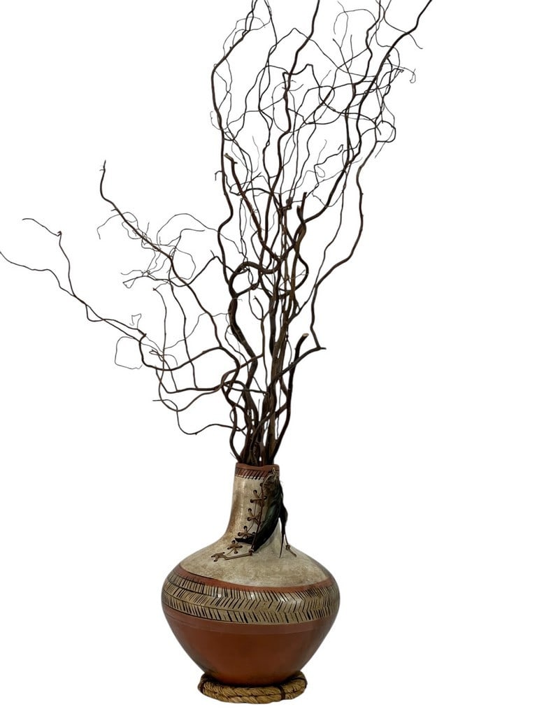 MODERN SOUTHWEST STYLE TERRACOTTA VASE W FLORAL: MODERN SOUTHWEST STYLE TERRACOTTA VASE W FLORAL TWIG ARRANGEMENT -18" X 14" DIAMETER TO VASE-57 OVERALL HEIGHT-VERY GOOD PRE OWNED CONDITION-DP2325 By bidding on this item, you are abiding by