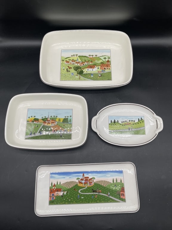 SET OF 4 VILLEROY & BOCH DESIGN NAIF SERVING DISHS: SET OF 4 VILLEROY & BOCH DESIGN NAIF SERVING DISHES This charming set of four Villeroy & Boch serving pieces features the beloved Design Naif pattern, created by Corsican artist Gérard Laplau. The co
