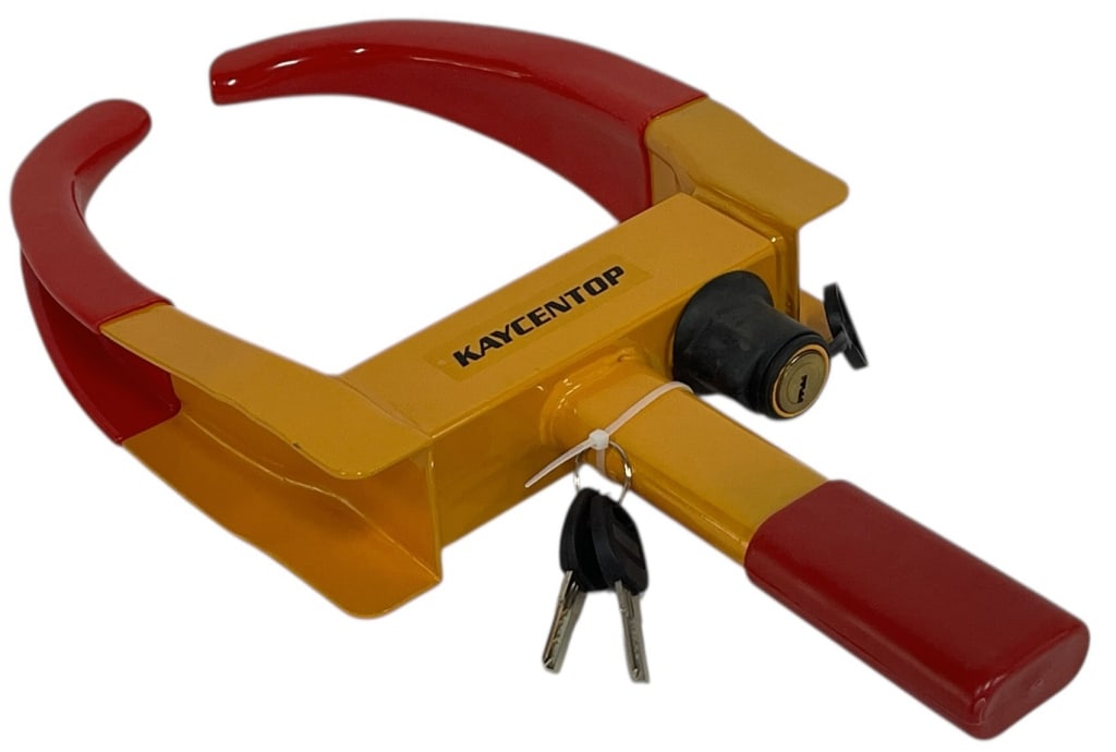 KAYCENTOP WHEEL CLAMP BOOT TIRE LOCK: KAYCENTOP WHEEL CLAMP BOOT TIRE LOCK Secure your vehicle, trailer, or ATV with this heavy-duty Kaycentop wheel clamp boot. Constructed from robust steel with a bright yellow and red powder-coated fini