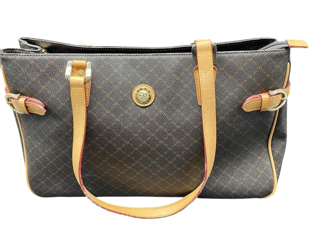 RIONI MODA ITALIA MONOGRAM COATED CANVAS TOTE: RIONI MODA ITALIA MONOGRAM COATED CANVAS TOTE WITH LEATHER TRIM Rioni Moda Italia tote featuring the brand’s signature monogram coated canvas exterior accented with genuine leather trim, double shou