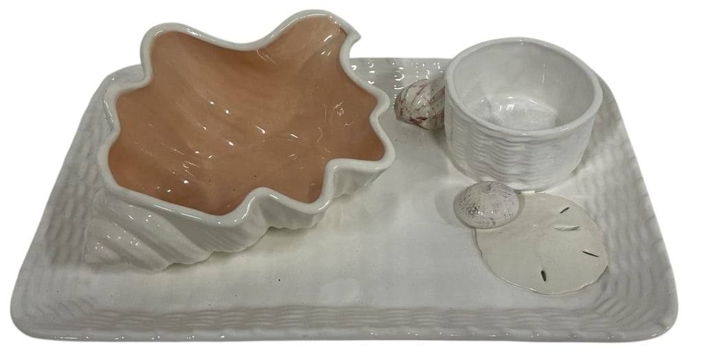 BREWSTER CERAMICS "CAPE COD" SEASHELL SERVING SET: BREWSTER CERAMICS "CAPE COD" SEASHELL SERVING SET This coastal-themed three-piece ceramic serving set is a handcrafted creation from Brewster Ceramics on Cape Cod. The collection features a large conc