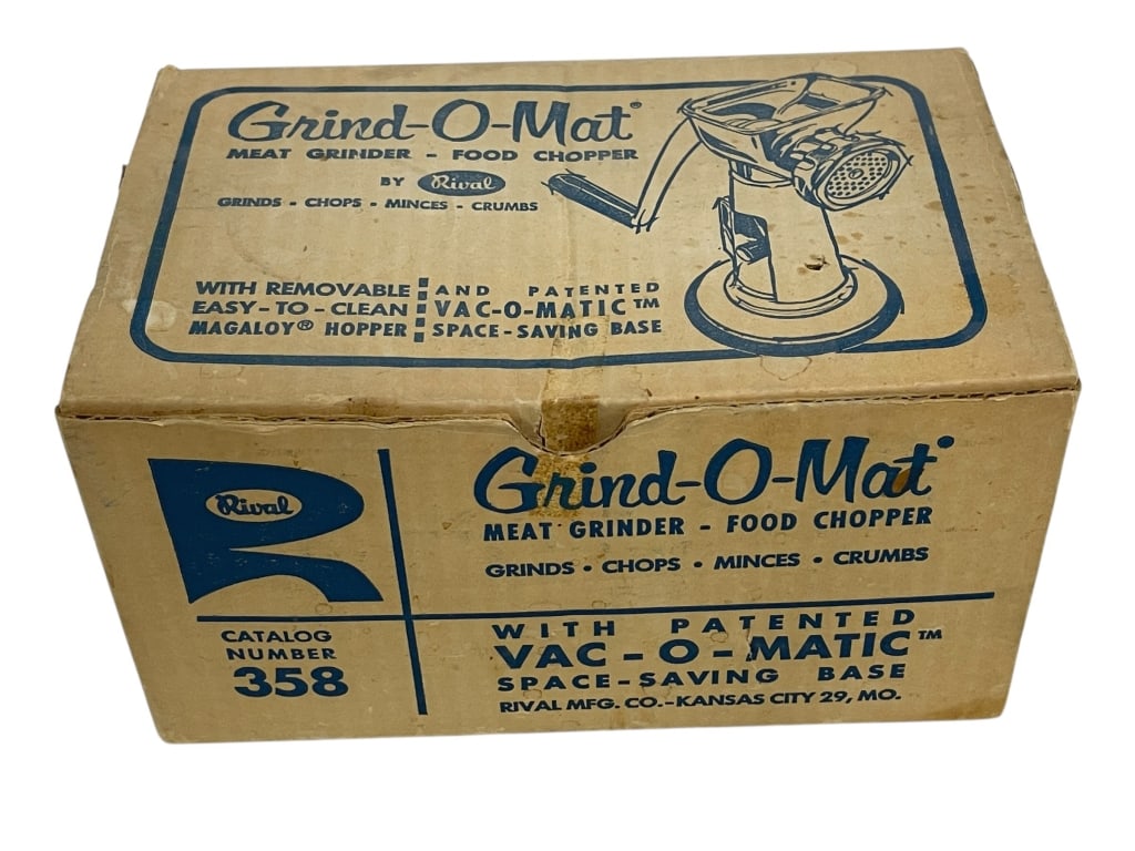 VINTAGE RIVAL GRIND-O-MAT MEAT GRINDER: VINTAGE RIVAL GRIND-O-MAT MODEL 358This vintage Rival Grind-O-Mat meat grinder and food chopper (Model 358) comes in its original retail box with the 1961 instruction and recipe booklet. The unit
