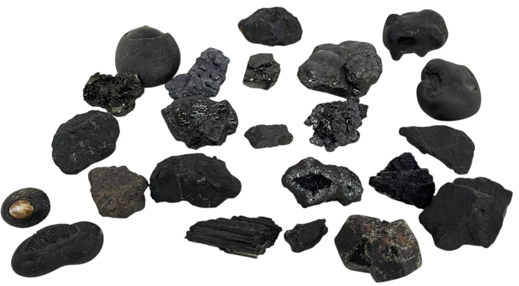 COLLECTIBLE NATURAL BLACK MINERAL & SPECIMEN LOT: COLLECTIBLE NATURAL BLACK MINERAL & SPECIMEN LOT This substantial estate lot features a diverse collection of natural black mineral specimens and geological curiosities. The variety includes raw cryst