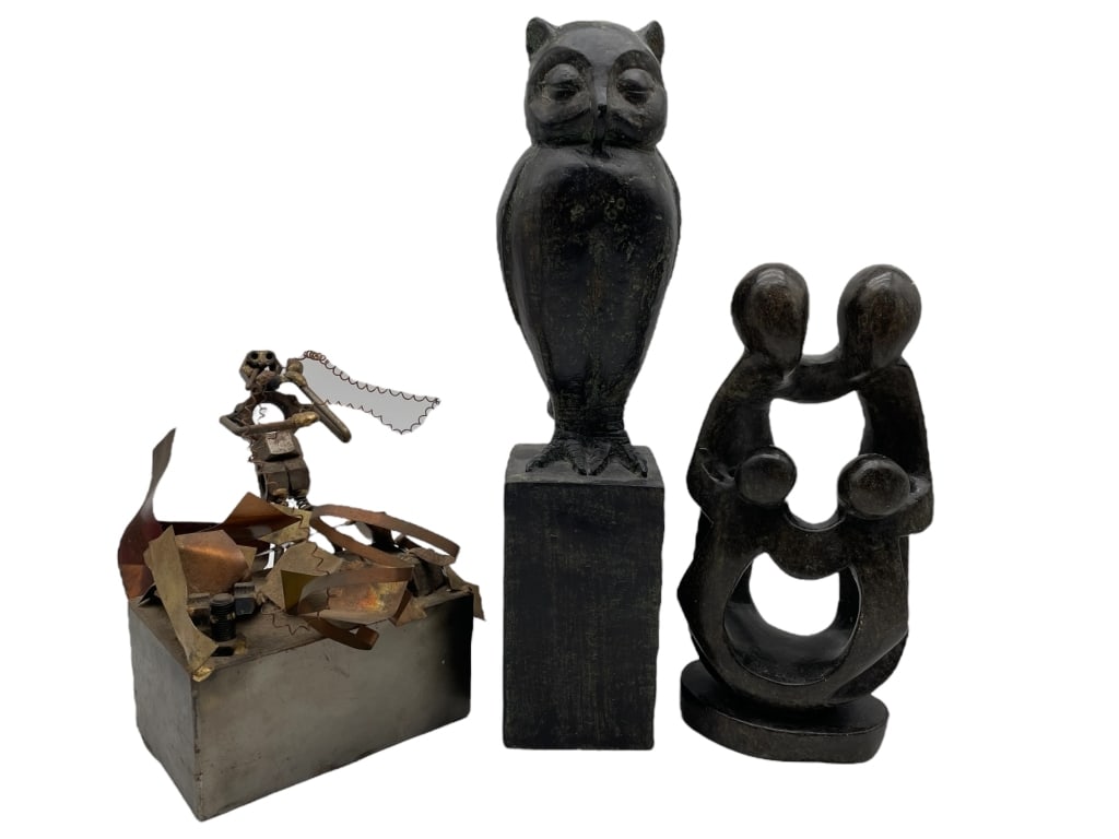 GROUP OF DECORATIVE SCULPTURES MIXED MATERIALS: GROUP OF DECORATIVE SCULPTURES MIXED MATERIALS -Very good pre owned condition -3 pieces -Approx 10", 15" and 11" tall -Eclectic decorative sculpture grouping featuring three distinct pieces with stron