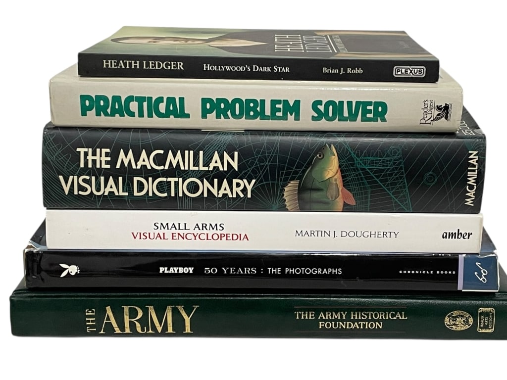 6 POP CULTURE MAN CAVE STYLE BOOKS: SIX MAN CAVE COFFEE TABLE BOOKS – POP CULTURE, MILITARY & VISUAL REFERENCE.-A bold and eclectic group of six large-format hardcover books curated for a man cave, office, or statement shelf,