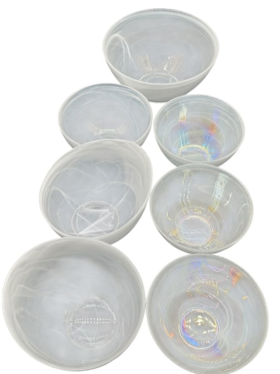 ALABASTER-STYLE OPALESCENT GLASS BOWL COLLECTION: ALABASTER-STYLE OPALESCENT GLASS BOWL COLLECTION THIS ELEGANT SEVEN-PIECE COLLECTION FEATURES AN ASSORTMENT OF ART GLASS BOWLS CRAFTED WITH A TRANSLUCENT, ALABASTER-STYLE SWIRL PATTERN. THE SET INCLUD