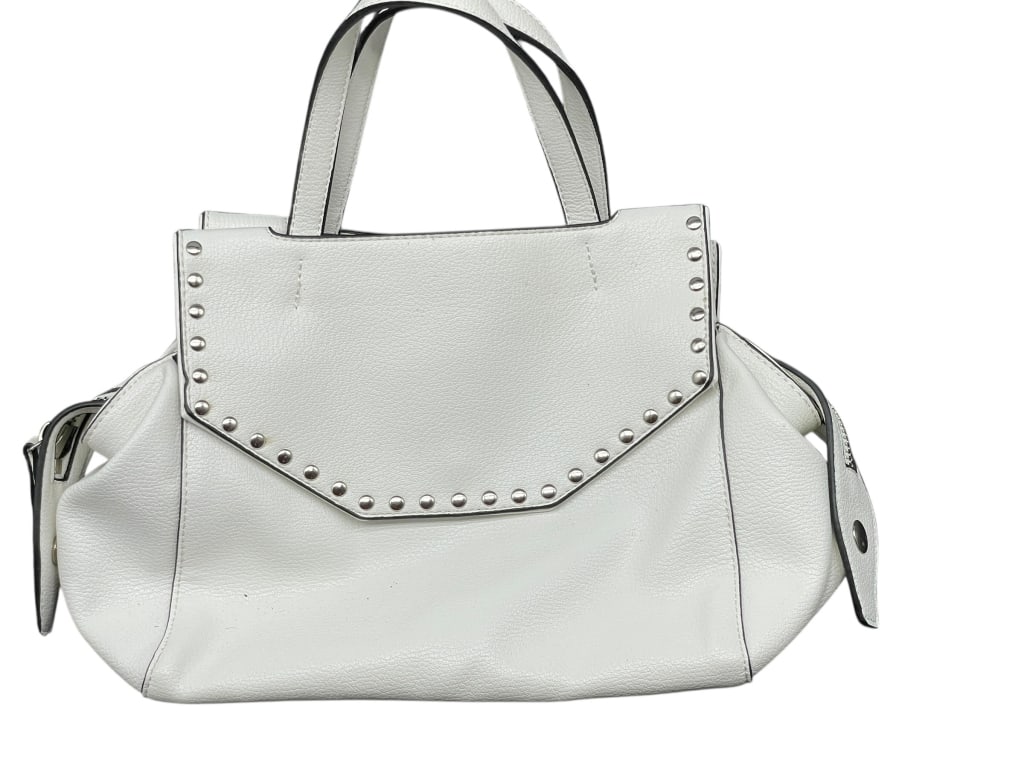 URBAN EXPRESSIONS WHITE VEGAN LEATHER STUDDED: URBAN EXPRESSIONS WHITE VEGAN LEATHER STUDDED SATCHEL WITH STRIPED LINING Fashion-forward Urban Expressions satchel designed in textured white vegan leather with contrasting black edge trim and silver