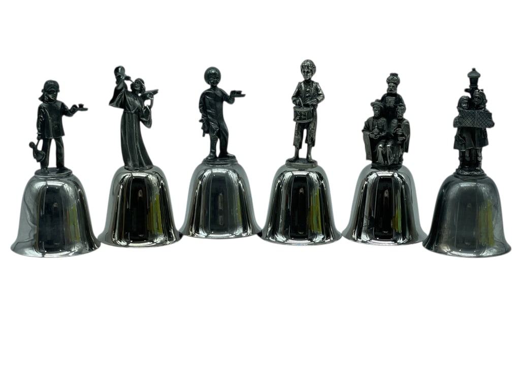 DANBURY MINT CHARLES DICKENS BELL COLLECTION: DANBURY MINT CHARLES DICKENS FIGURAL BELL COLLECTION – SET OF SIX -Complete set of Danbury Mint collectible bells featuring figural finials inspired by characters from Charles Dickens novels. Each s