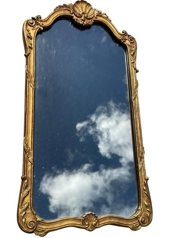 ROCOCO REVIVAL SHELL CREST WALL MIRROR 27": VINTAGE ROCOCO REVIVAL RECTANGULAR GOLD WALL MIRROR WITH SHELL CRESTS -A highly ornate vintage wall mirror in the Rococo Revival (Louis XV) style, likely a mid-20th century piece made of molded compos
