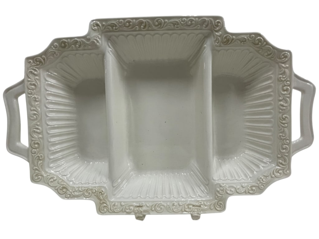 LENOX DIVIDED BAKER'S PANTRY SERVING PLATTER 19": LENOX BAKER'S PANTRY DIVIDED SERVING PLATTER 19" APPROX -Classic Lenox white ceramic divided serving platter featuring three recessed serving compartments framed by an ornate raised scroll and fluted