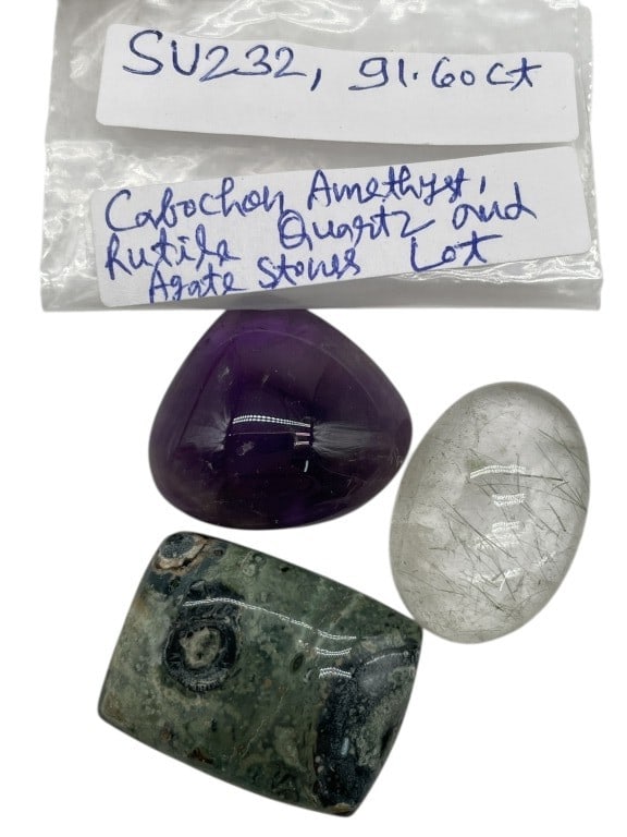 CABOCHON AMETHYST, RUTILATED QUARTZ & AGATE STONE: CABOCHON AMETHYST, RUTILATED QUARTZ & AGATE STONE LOT APPROX 91.60 CARATS-Attractive cabochon gemstone lot totaling approximately 91.60 carats, featuring a polished amethyst cabochon with rich purple
