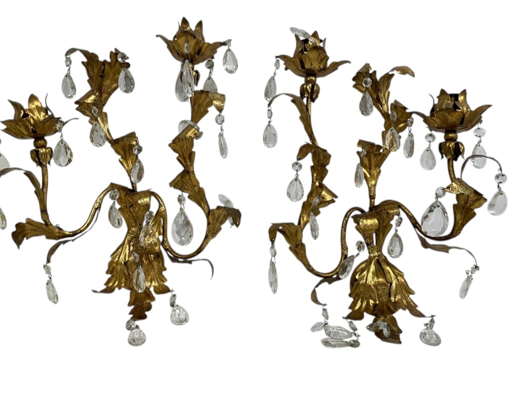 GILT METAL FLORAL CRYSTAL WALL CANDELABRAS 18": PAIR OF GILT METAL FLORAL WALL CANDELABRA WITH CRYSTAL DROPS 18" APPROX-Decorative pair of sculptural wall-mounted candelabra featuring hand-formed gilt metal flowers, scrolling stems, and foliate