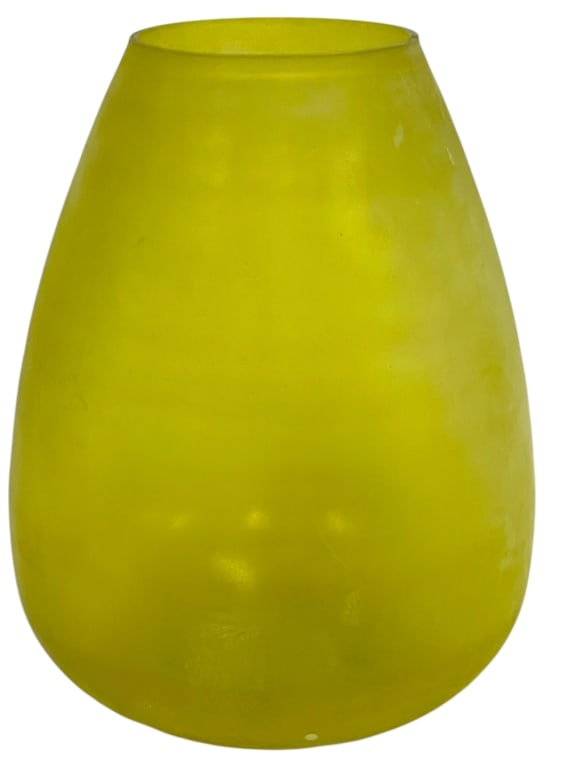 YELLOW GLASS VASE CANDLEHOLDER W SATIN FINISH 13": YELLOW ART GLASS VASE WITH SATIN FINISH 13" X 7" D APPROX -Decorative yellow art glass vase featuring a softly rounded ovoid form with a gently flared rim and an even satin or frosted finish throughou