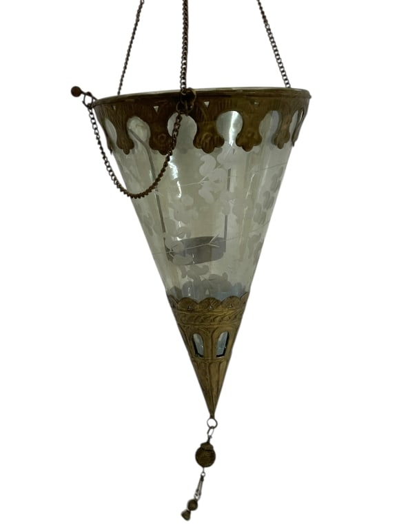 BRASS HANGING TEA LIGHT HOLDER W ETCHED GLASS: BRASS HANGING TEA LIGHT HOLDER WITH ETCHED GLASS SHADE -Decorative brass hanging tea light holder featuring a conical etched glass shade with floral motifs, accented by ornate brass trim, hanging chai