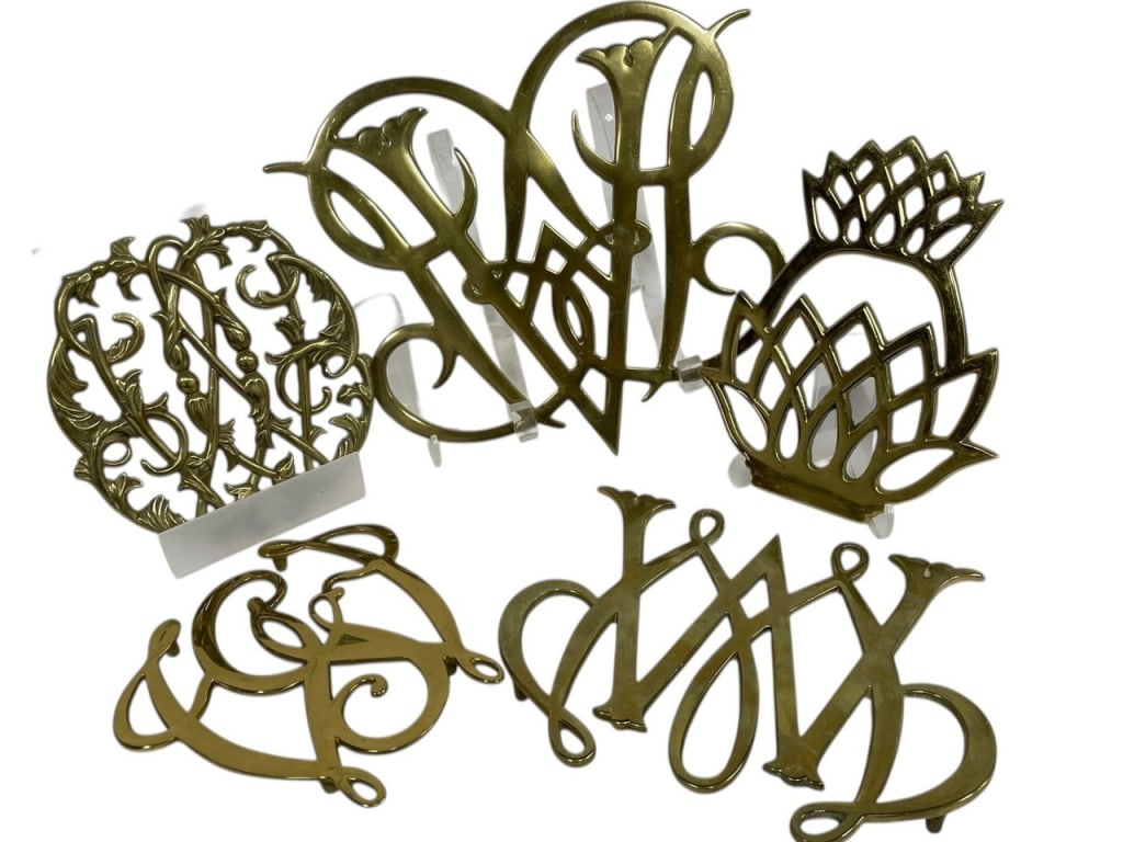 DECORATIVE BRASS MONOGRAM & SCROLLWORK TRIVETS - 2