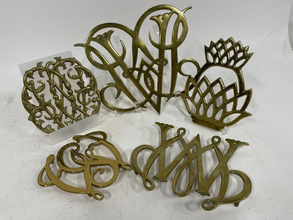DECORATIVE BRASS MONOGRAM & SCROLLWORK TRIVETS - 3