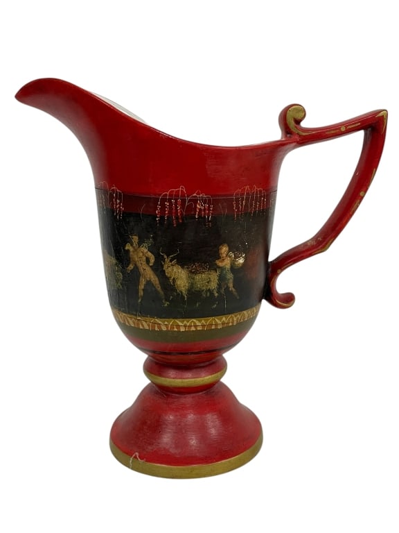 HAND-PAINTED ITALIAN RED FIGURAL PITCHER 11": HAND-PAINTED ITALIAN RED FIGURAL PITCHER – MADE IN ITALY -Very good pre owned condition -Approx 11"h x 11"w -This striking vintage Italian hand-painted pitcher features a bold red body with an elega