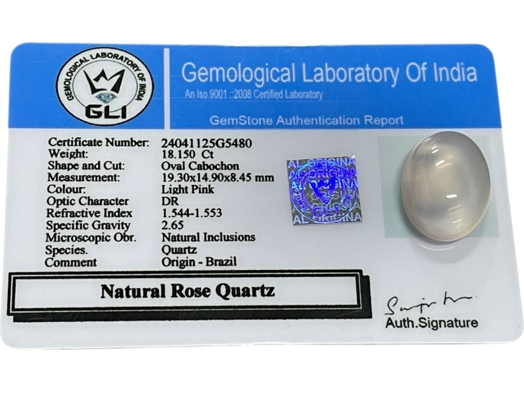 NATURAL ROSE QUARTZ OVAL CABOCHON, 18.15 CT: NATURAL ROSE QUARTZ OVAL CABOCHON, 18.15 CT – GIA-STYLE LAB CERTIFIED -Beautiful natural rose quartz presented in an oval cabochon cut, weighing approximately 18.15 carats. This gemstone displays a