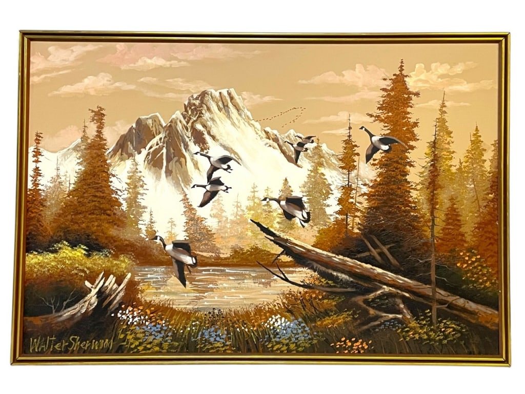W. SHERMAN LARGE LANDSCAPE PAINTING W GEESE 62": WALTER SHERMAN LARGE ORIGINAL LANDSCAPE PAINTING WITH CANADIAN GEESE – 42" X 62" APPROX -Beautiful oversized landscape painting signed by Walter Sherman, featuring a majestic mountain range, serene