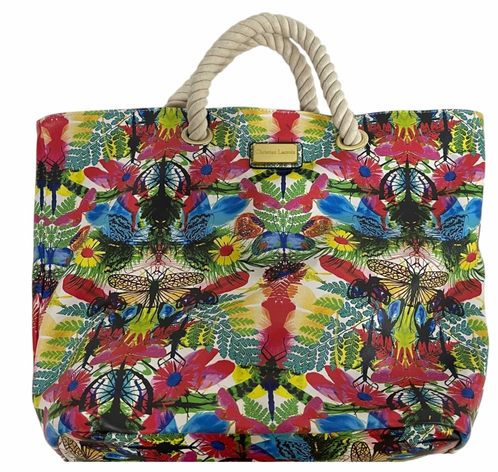 CHRISTIAN LACROIX MAISON DESIGNER INSECT MOTIF BAG: CHRISTIAN LACROIX MAISON DESIGNER INSECT MOTIF TOTE BAG THIS STRIKING AND VIBRANT TOTE BAG FROM THE RENOWNED FRENCH DESIGN HOUSE CHRISTIAN LACROIX FEATURES A BOLD, KALEIDOSCOPIC PATTERN OF BUTTERFLIES