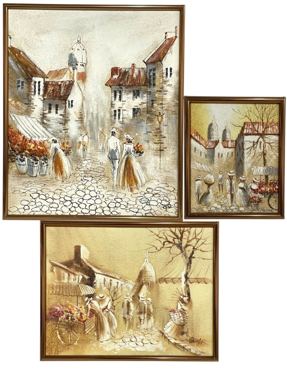 3 CHEZAR IMPRESSIONIST STREET SCENE PAINTINGS: SET OF 3 CHEZAR MID-CENTURY IMPRESSIONIST STREET SCENE PAINTINGS -This attractive set of three mid-century impressionist textured street-scene paintings by Chezar features charming market and village