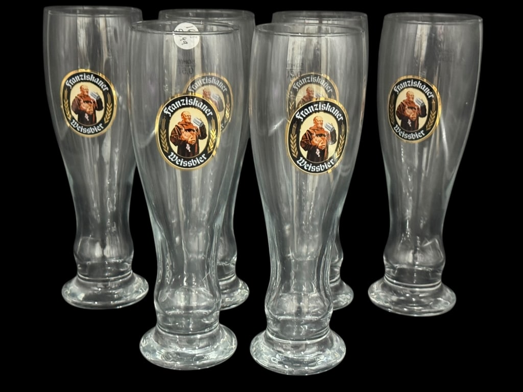 FRANZISKANER WEISSBIER BEER GLASSES – SET OF FIVE: FRANZISKANER WEISSBIER BEER GLASSES – SET OF FIVESet of five Franziskaner Weissbier beer glasses featuring the classic monk logo. Tall wheat beer form designed to enhance aroma and presentation. Ide
