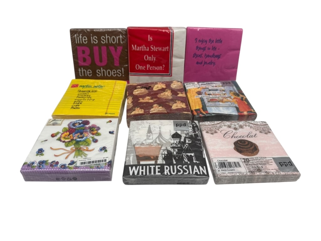ASSORTMENT OF DESIGNER & NOVELTY PAPER COCKTAIL: ASSORTMENT OF DESIGNER & NOVELTY PAPER COCKTAIL NAPKINS -Fun and eclectic assortment of decorative paper cocktail napkins featuring novelty sayings, fashion themes, cocktails, florals, and European-in