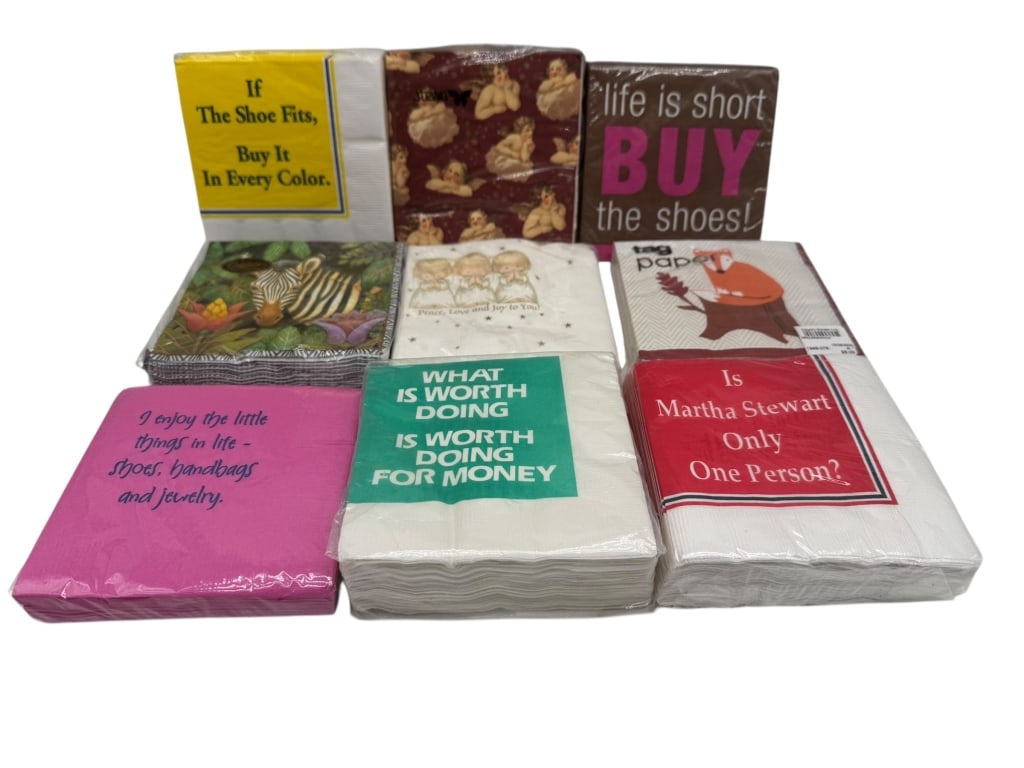 ASSORTMENT OF DESIGNER & NOVELTY PAPER COCKTAIL: ASSORTMENT OF DESIGNER & NOVELTY PAPER COCKTAIL NAPKINSFun and eclectic assortment of decorative paper cocktail napkins featuring novelty sayings, fashion themes, cocktails, florals, and European-insp