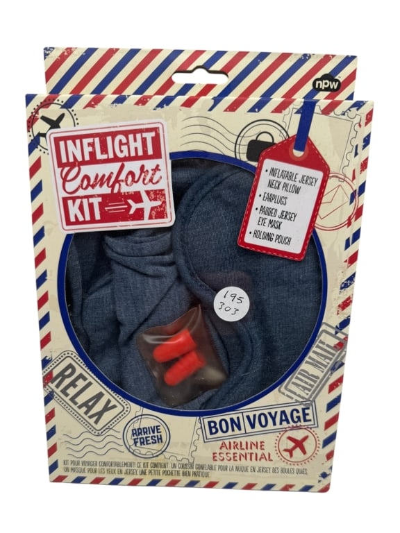 NPW INFLIGHT COMFORT TRAVEL KIT: NPW INFLIGHT COMFORT TRAVEL KIT -NPW “Inflight Comfort Kit” airline travel essential set, including an inflatable jersey neck pillow, padded jersey eye mask, earplugs, and holding pouch. Packa