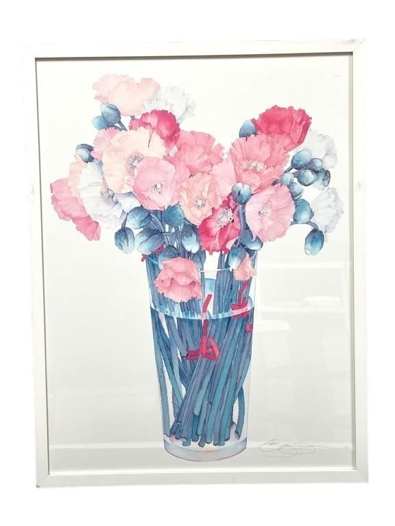 SIGNED GARY BUKOVNIK COLORFUL PEONIES PRINT 33.5": LARGE CONTEMPORARY FLORAL STILL LIFE IN GLASS VASE, FRAMED WALL ART -Elegant contemporary floral composition depicting a full bouquet of soft pink and blush blossoms with blue-toned buds arranged in a