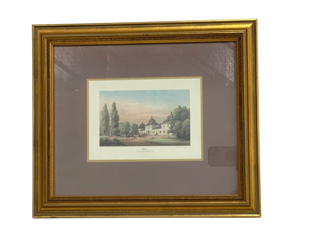 EUROPEAN ESTATE SCENE PRINT IN GILT FRAME 17": FRAMED EUROPEAN ESTATE SCENE PRINT IN GILT FRAME 14" X 17" APPROX -Finely detailed European estate scene depicting a classical manor with figures and landscaped grounds, presented in an ornate gilt wo