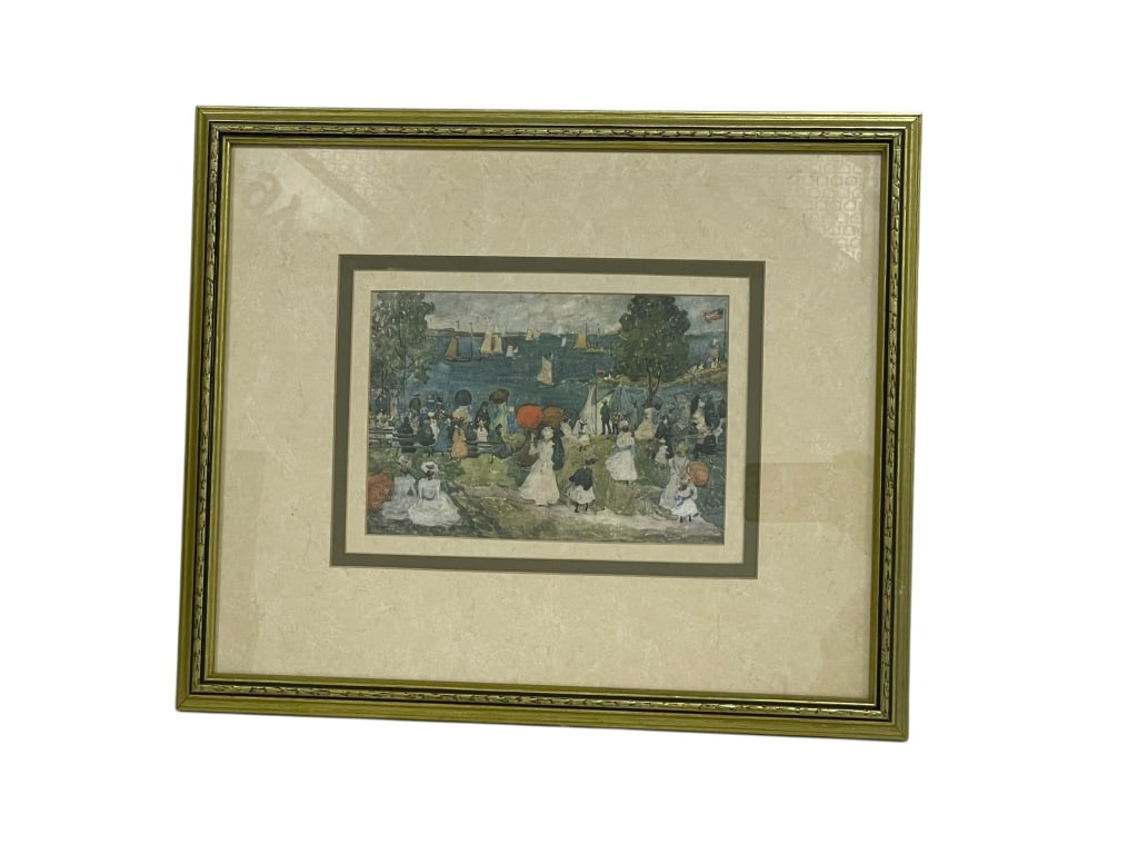 IMPRESSIONIST STYLE PARK SCENE W SAILBOATS 18.5": FRAMED IMPRESSIONIST-STYLE PARK SCENE WITH SAILBOATS -16" X 18.5" APPROX TO FRAME -Charming Impressionist-style print depicting figures gathered along a waterfront park with sailboats in the distance,