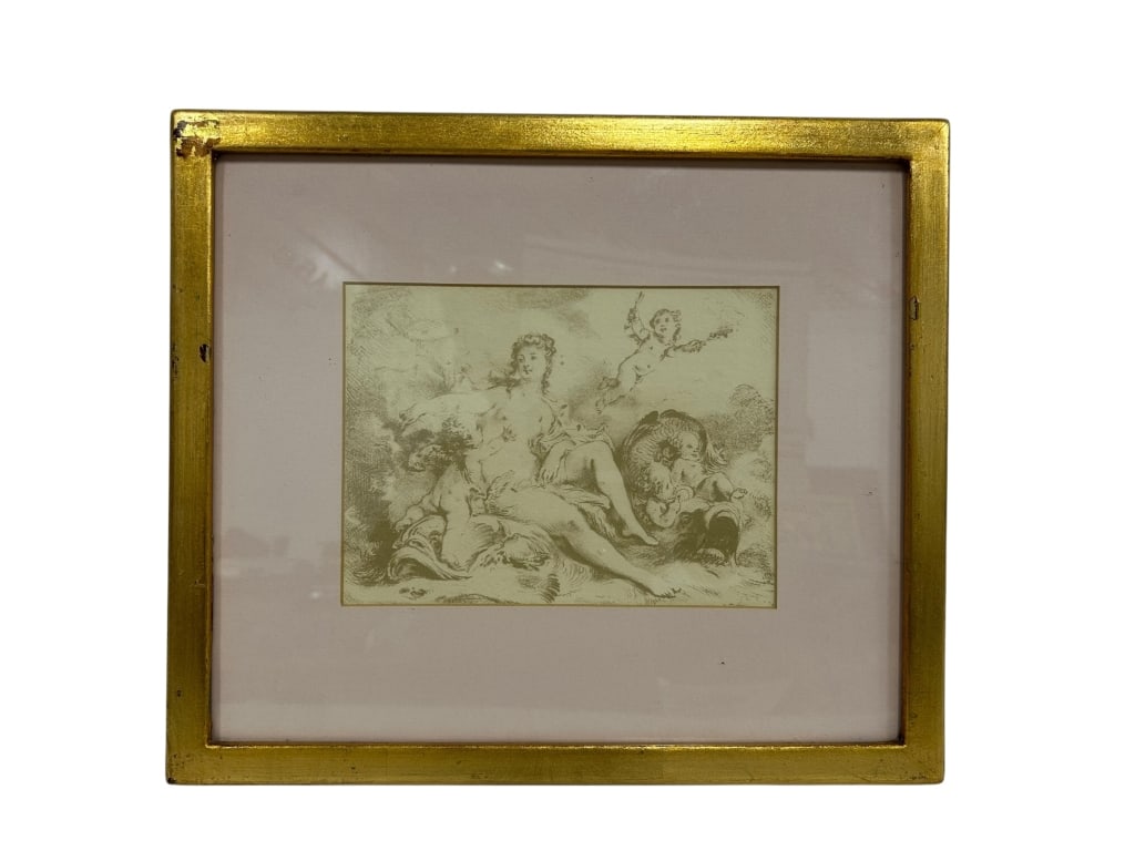 ANTIQUE-STYLE FRAMED PRINT 14": ANTIQUE-STYLE FRAMED PRINT FEATURING A CLASSICAL MYTHOLOGICAL SCENE WITH A SEATED FEMALE FIGURE AND TWO CHERUBS. THE ARTWORK IS DELICATELY RENDERED IN FINE LINES AND IS ENCLOSED IN A GOLD TONE FRAME W