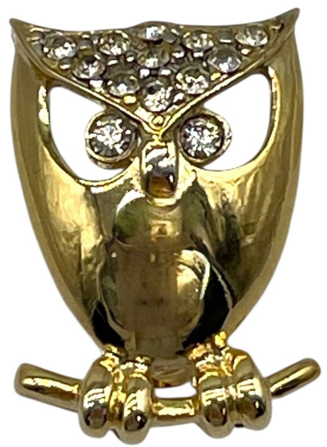 NAPIER GOLD OWL PIN WITH CLEAR STONES .75": NAPIER GOLD OWL PIN WITH CLEAR STONES .75" -VERY GOOD PRE OWNED CONDITION -APPROX .75" -GOLDTONE OWL BROOCH WITH RHINESTONE EYES AND FEATHERS. CHARMING MID-CENTURY COSTUME JEWELRY PIN DEPICTING AN OWL