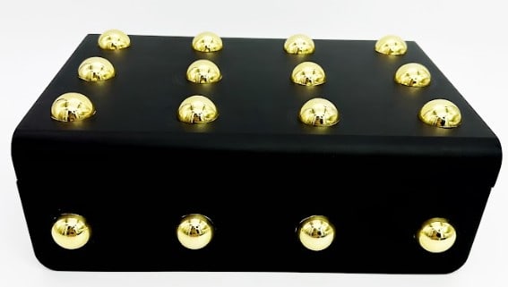 BLACK LACQUER BOX W GOLD STUD ACCENT 12.5": *for competitive shipping options please go to www.dejavuauctionshipping.com -BLACK LACQUER DECORATIVE BOX WITH GOLD STUD ACCENTS 4" X 12.5" X 9" APPROX -Striking rectangular decorative box finished i