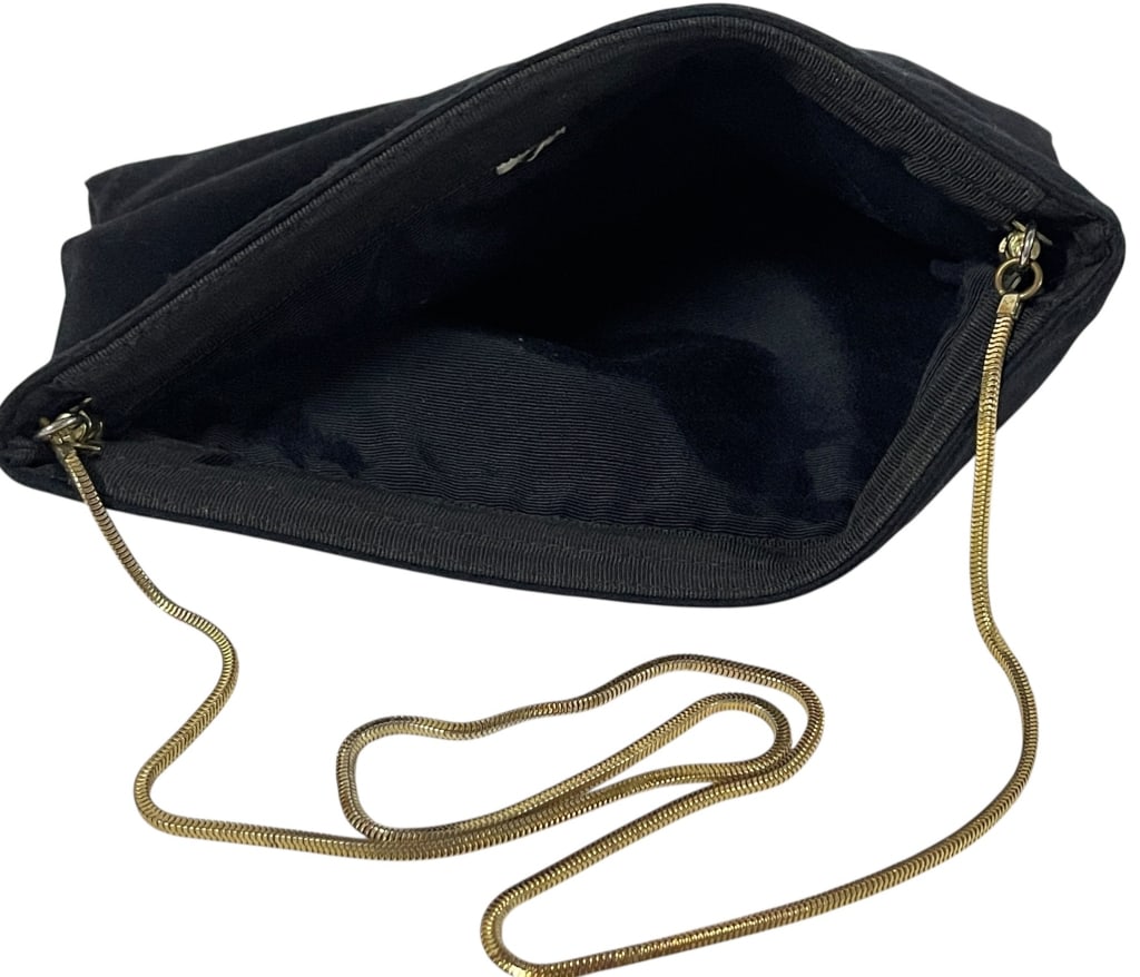 BLACK SATIN EVENING BAG W GOLD SNAKE CHAIN STRAP (1 of 1)