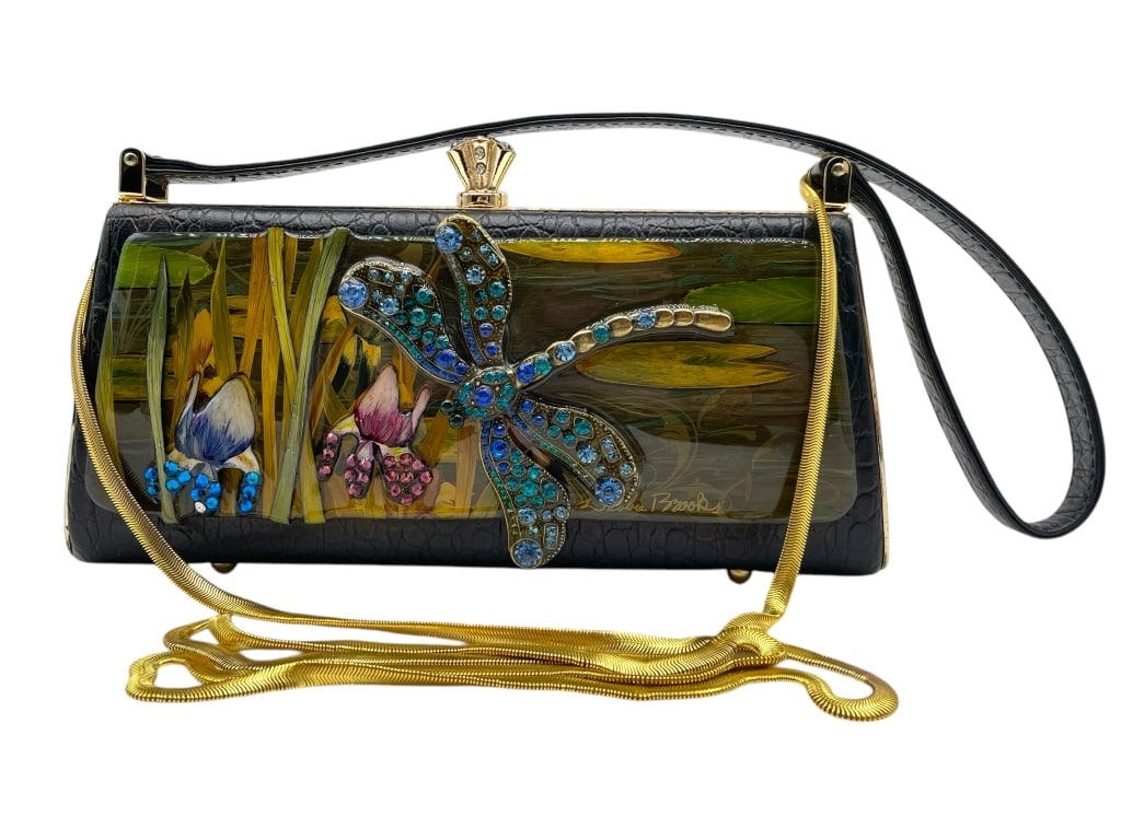 DEBBIE BROOKS DRAGONFLY CLUTCH: DEBBIE BROOKS DRAGONFLY CLUTCH W/ SHORT LEATHER STRAP AND LONG GOLD CHAIN STRAP -GOOD PRE OWNED CONDITION, MARK ON BACK OF BAG (SEE PHOTOS) -APPROX 9" X 4", SHORT STRAP APPROX 8.5", LONG STRAP APPROX