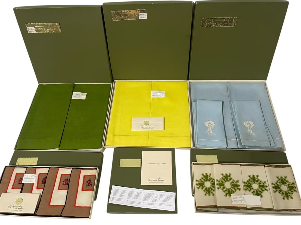 Vintage linen sets designer Constance Leiter: Constance Leiter was a mid-20th-century designer known for high-quality, often appliquéd or embroidered linens, sold at luxury retailers like Allyn's or Saks Fifth Avenue. The gold foil label on your