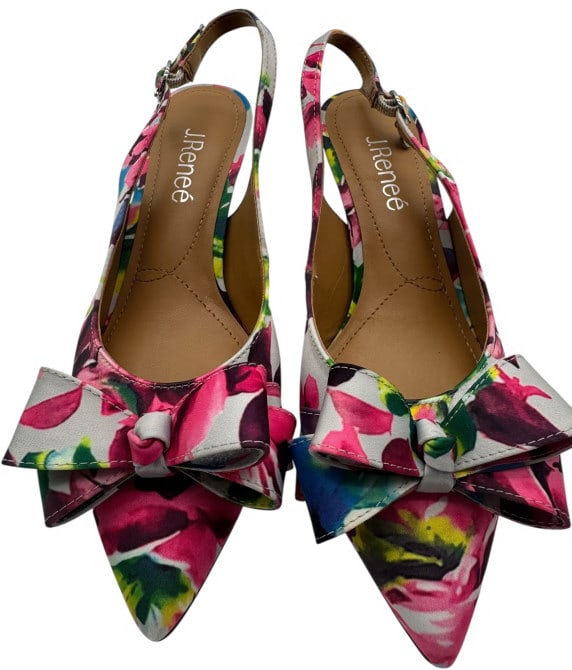 J.RENEÉ MULTICOLOR FLORAL PRINT SLINGBACK HEELS 7: J.RENEÉ MULTICOLOR FLORAL PRINT SLINGBACK HEELS SIZE: 7 BLOOM BRIGHTLY IN THESE WHIMSICAL AND ELEGANT J.RENEÉ SLINGBACK HEELS, PERFECT FOR SPRING AND SUMMER EVENTS. FEATURING A VIBRANT MULTICOLOR FL