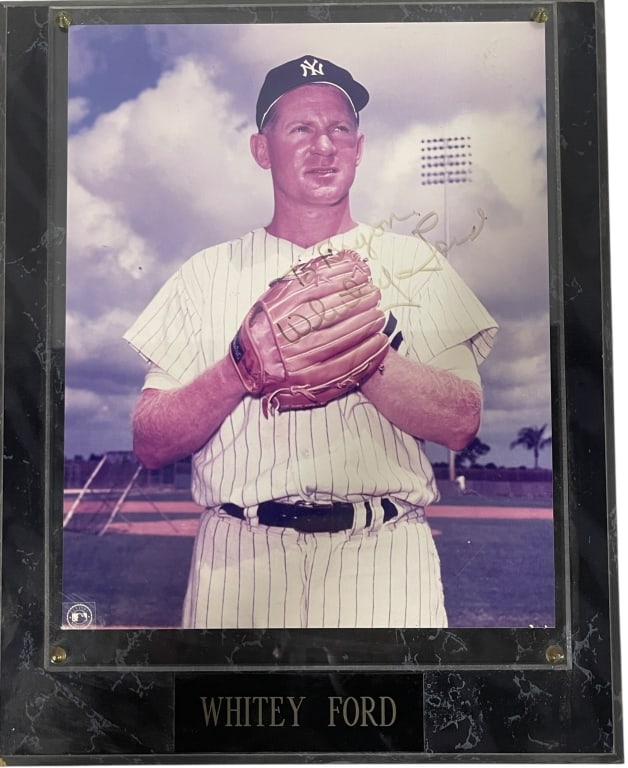 Portrait of Whitey Ford hand-signed: This framed photograph features a hand-signed promotional portrait of Whitey Ford, the Hall of Fame pitcher for the New York Yankees. Item Identification Subject: Whitey Ford, nicknamed "The Chairman