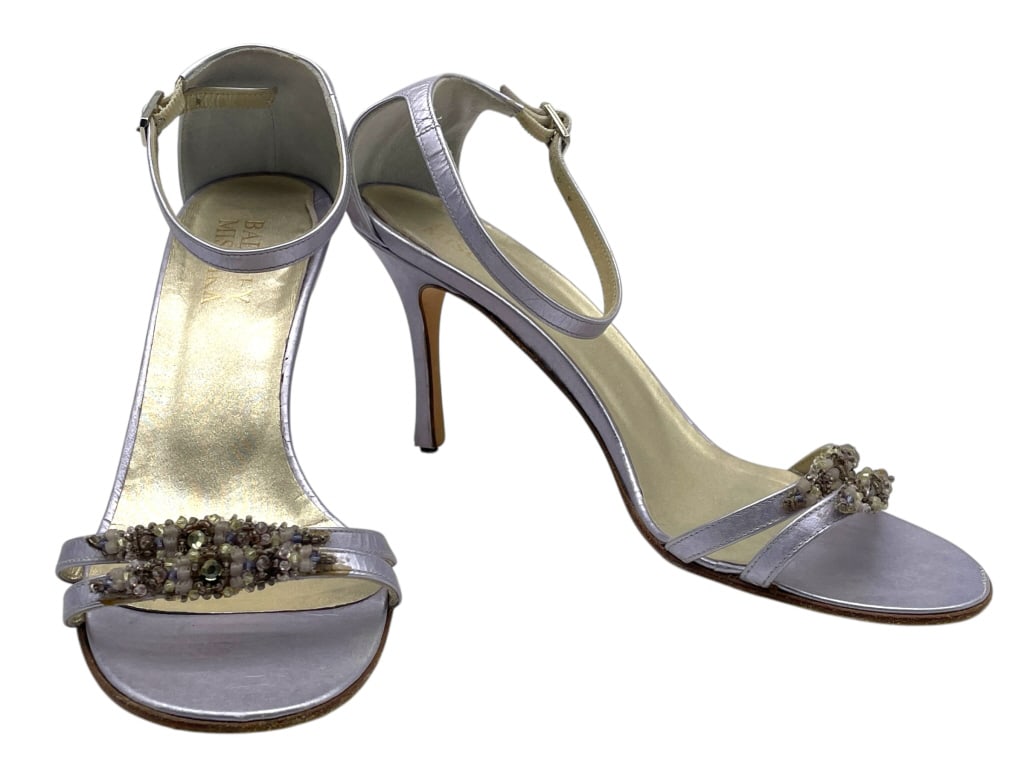 BADGLEY MISCHKA PURPLE CRYSTAL SANDAL HEELS 38/5.5 (1 of 5)