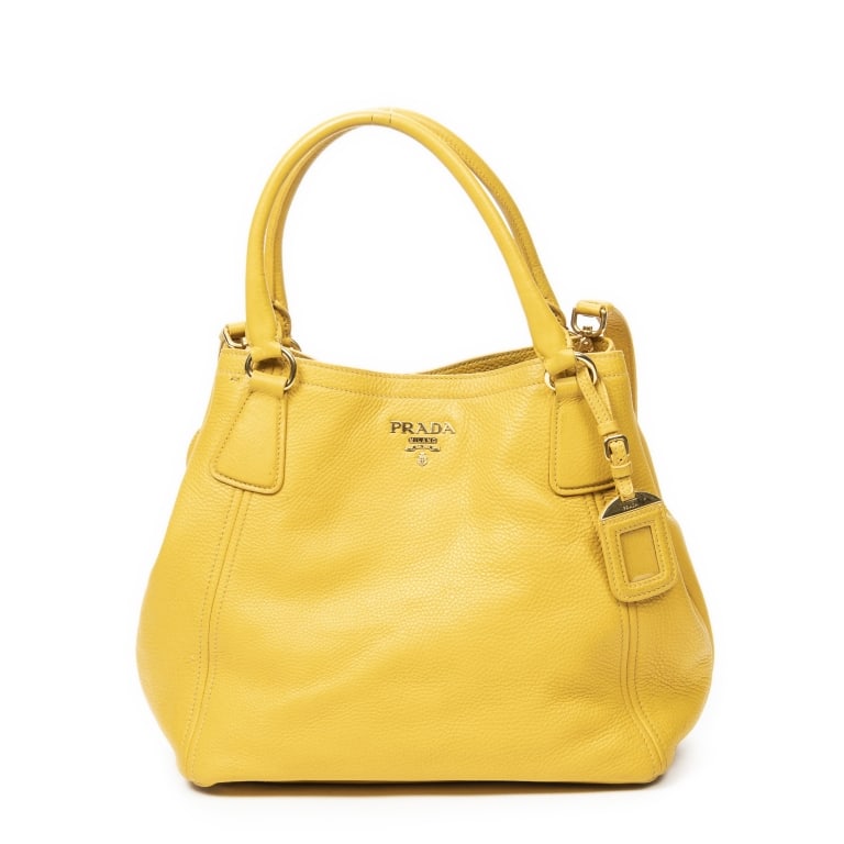 PRADA OPEN SHOPPING TOTE VITELLO DAINO LEATHER: *For ALTERNATIVE SHIPPING QUOTES, please visit www.dejavuauctionshipping.com* Prada Open Shopping Tote Vitello Daino Leather * COLOR: Yellow * PRODUCTION CODE: BN2534 * INCLUDED: Strap, Card, Luggage