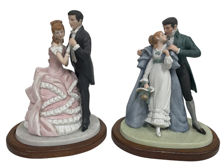 PAIR OF BARBARA CARTLAND PORCELAIN FIGURINES 8": ****for competitive shipping options please go to www.dejavuauctionshipping.com PAIR OF BARBARA CARTLAND PORCELAIN FIGURINES “THE FRIGHTENED BRIDE” & “HUNGRY FOR LOVE” -Very good pre o