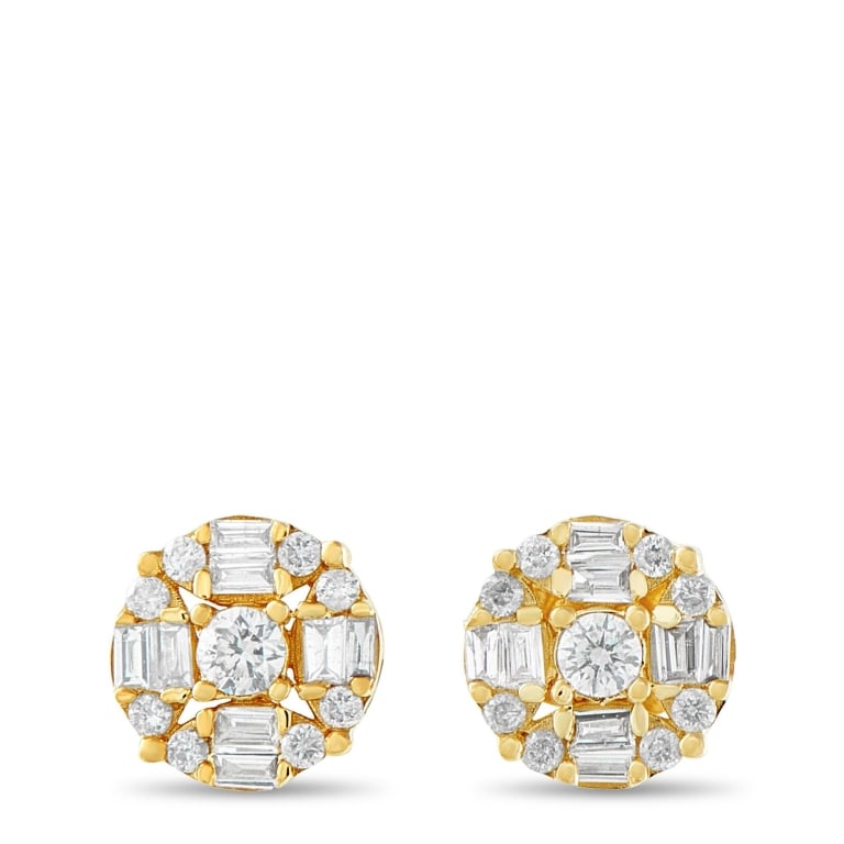 14K YELLOW GOLD 0.50CT DIAMOND CLUSTER EARRINGS: These 14K yellow gold round studs offer a polished look that works seamlessly from day to night. At the center, a single round diamond is set amid a pattern of baguette diamond duos and smaller round