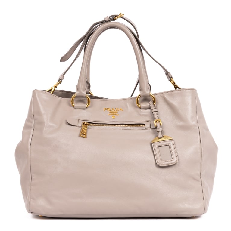 PRADA FRONT ZIP POCKET CROSSBODY TOTE: *For ALTERNATIVE SHIPPING QUOTES, please visit www.dejavuauctionshipping.com* Prada Front Zip Pocket Crossbody Tote Grey Soft Calfskin Leather Gold * COLOR: Grey * PRODUCTION CODE: BN2103 / 158 * INCL