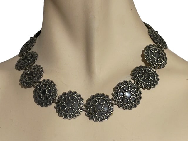 TAXCO MEXICO SCROLL MEDALLION STERLING SS NECKLACE: *For ALTERNATIVE SHIPPING QUOTES, please visit www.dejavuauctionshipping.com* - Signed with artist T number and Taxco Mexico - Sterling silver - Amazing oxidized scrollwork for each medallion - Each m