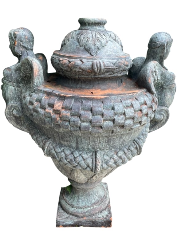 CLASSIC TERRACOTTA GARDEN URN W FIGURE HANDLES 32" (1 of 8)