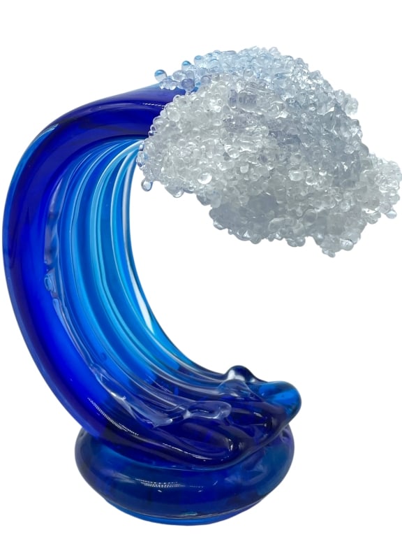 BLUE ART GLASS COASTAL WAVE SCULPTURE 10": ****for competitive shipping options please go to www.dejavuauctionshipping.com HAND-BLOWN BLUE ART GLASS COASTAL OCEAN WAVE SCULPTURE WITH BUBBLE CREST -Striking contemporary art glass sculpture form